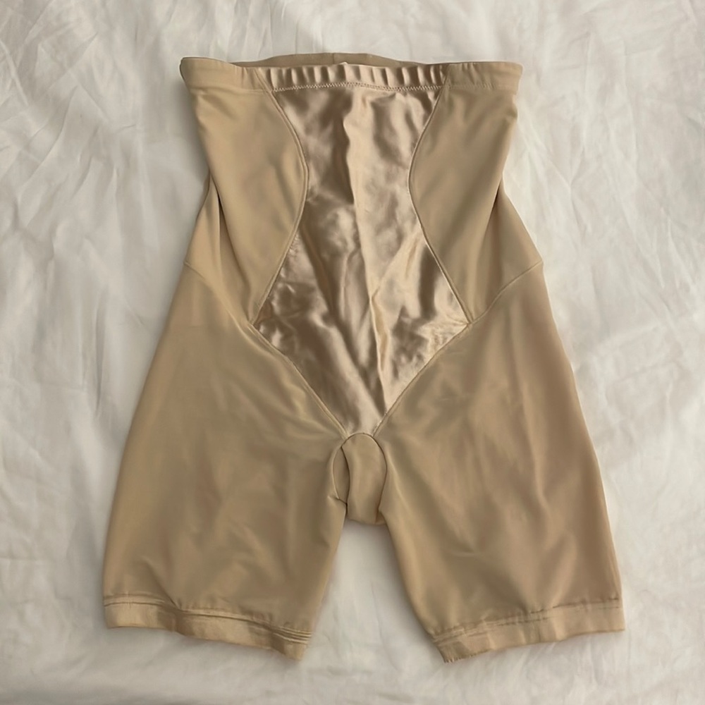 Beige high waisted tummy control shapewear shorts with crotch separation